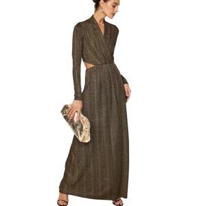 Rachel Roy Black Gold Plisse Gown SMALL Cutout Waist Wrap Maxi Dress Formal $149